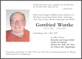 Traueranzeige von Gottfried Wuttke von Der Westallgäuer
