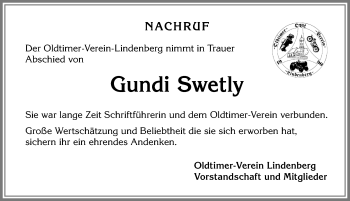 Traueranzeige von Gundi Swetly von Allgäuer Zeitung, Kaufbeuren/Buchloe
