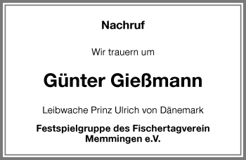 Traueranzeige von Günter Gießmann von Memminger Zeitung