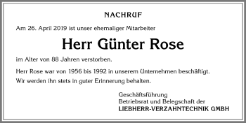 Traueranzeige von Günter Rose von Allgäuer Zeitung,Kempten