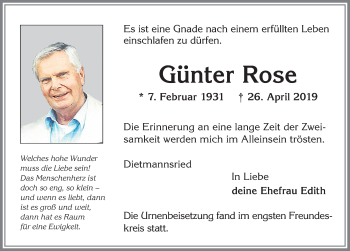 Traueranzeige von Günter Rose von Allgäuer Zeitung,Kempten