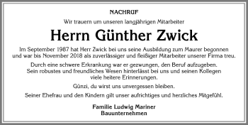 Traueranzeige von Günther Zwick von Allgäuer Zeitung