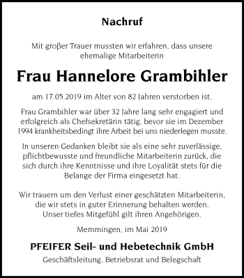 Traueranzeige von Hannelore Grambihler von Memminger Zeitung