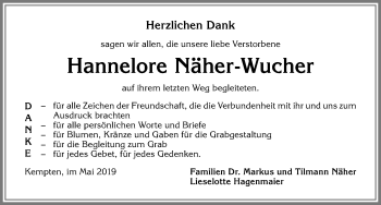 Traueranzeige von Hannelore Näher-Wucher von Allgäuer Zeitung,Kempten