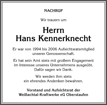 Traueranzeige von Hans Kennerknecht von Allgäuer Anzeigeblatt