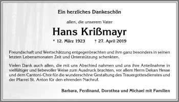 Traueranzeige von Hans Krißmayr von Allgäuer Zeitung,Kempten