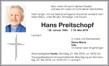 Traueranzeige von Hans Preitschopf von Memminger Zeitung