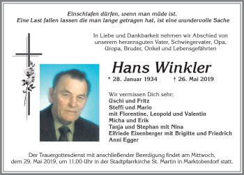 Traueranzeige von Hans Winkler von Allgäuer Zeitung, Marktoberdorf