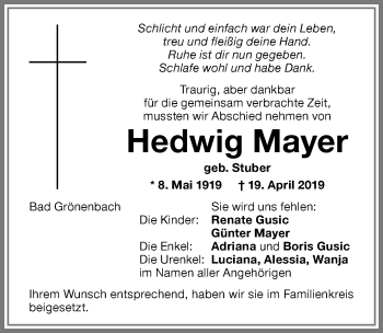 Traueranzeige von Hedwig Mayer von Memminger Zeitung