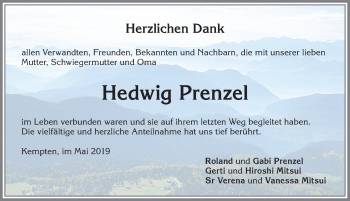 Traueranzeige von Hedwig Prenzel von Allgäuer Zeitung,Kempten