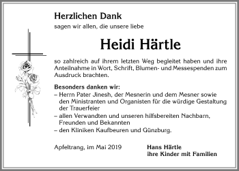 Traueranzeige von Heidi Härtle von Allgäuer Zeitung, Kaufbeuren/Buchloe