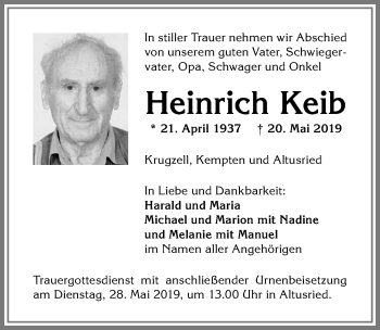 Traueranzeige von Heinrich Keib von Allgäuer Zeitung,Kempten