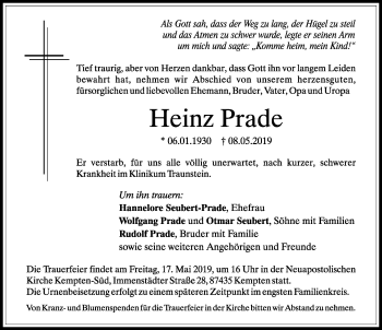 Traueranzeige von Heinz Prade von Allgäuer Zeitung,Kempten