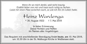 Traueranzeige von Heinz Wardenga von Allgäuer Zeitung, Füssen