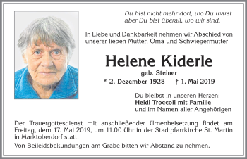 Traueranzeige von Helene Kiderle von Allgäuer Zeitung, Marktoberdorf