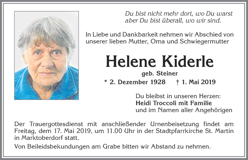  Traueranzeige für Helene Kiderle vom 15.05.2019 aus Allgäuer Zeitung, Marktoberdorf