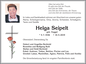 Traueranzeige von Helga Seipelt von Allgäuer Anzeigeblatt