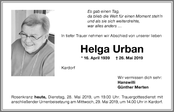 Traueranzeige von Helga Urban von Memminger Zeitung