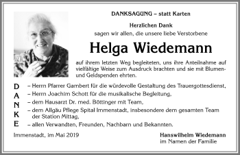 Traueranzeige von Helga Wiedemann von Allgäuer Anzeigeblatt