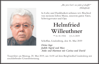Traueranzeige von Helmfried Willeuthner von Der Westallgäuer