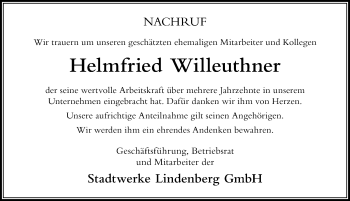 Traueranzeige von Helmfried Willeuthner von Der Westallgäuer