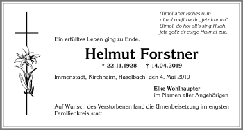 Traueranzeige von Helmut Forstner von Allgäuer Anzeigeblatt