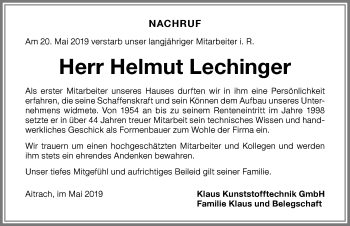 Traueranzeige von Helmut Lechinger von Memminger Zeitung