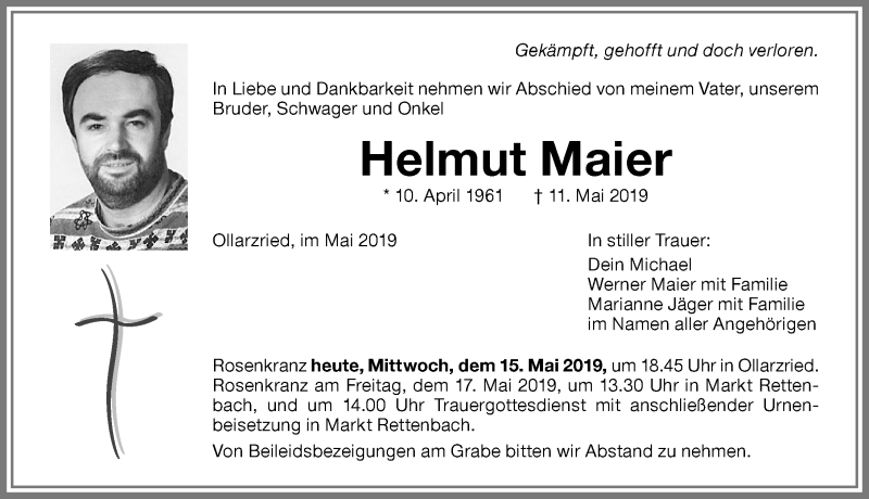  Traueranzeige für Helmut Maier vom 15.05.2019 aus Memminger Zeitung