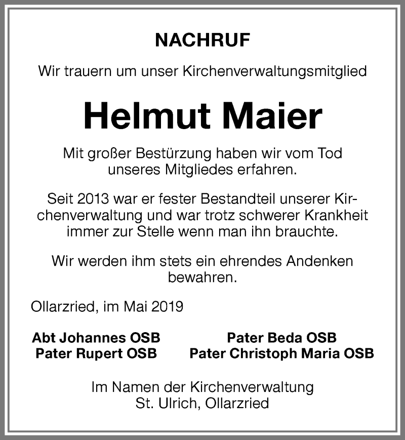  Traueranzeige für Helmut Maier vom 18.05.2019 aus Memminger Zeitung