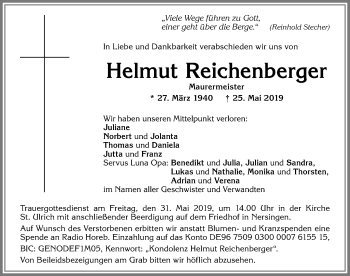 Traueranzeige von Helmut Reichenberger von Allgäuer Anzeigeblatt