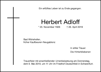 Traueranzeige von Herbert Adloff von Allgäuer Zeitung, Kaufbeuren/Buchloe