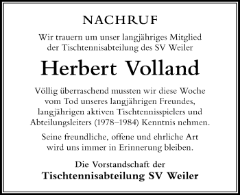 Traueranzeige von Herbert Volland von Der Westallgäuer
