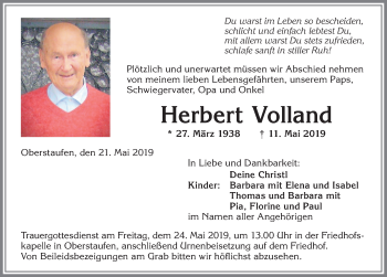Traueranzeige von Herbert Volland von Allgäuer Zeitung