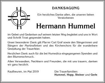 Traueranzeige von Hermann Hummel von Allgäuer Zeitung, Kaufbeuren/Buchloe