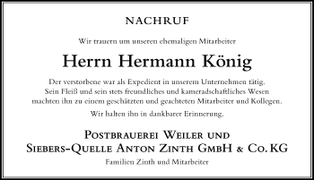 Traueranzeige von Hermann König von Der Westallgäuer