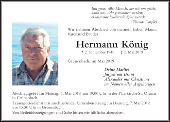 Traueranzeige von Hermann König von Der Westallgäuer