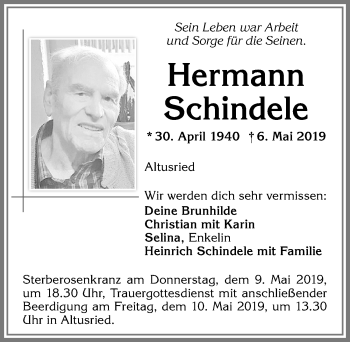 Traueranzeige von Hermann Schindele von Allgäuer Zeitung,Kempten
