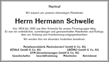 Traueranzeige von Hermann Schwelle von Allgäuer Zeitung, Marktoberdorf