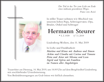 Traueranzeige von Hermann Steurer von Der Westallgäuer