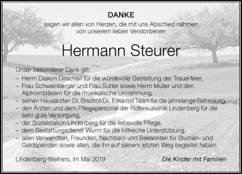 Traueranzeige von Hermann Steurer von Der Westallgäuer