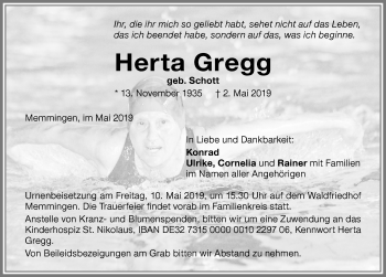 Traueranzeige von Herta Gregg von Memminger Zeitung