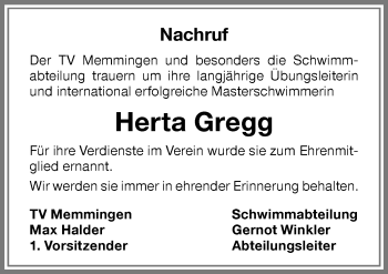 Traueranzeige von Herta Gregg von Memminger Zeitung