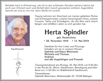 Traueranzeige von Herta Spindler von Allgäuer Zeitung, Kaufbeuren/Buchloe