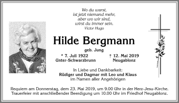 Traueranzeige von Hilde Bergmann von Allgäuer Zeitung, Kaufbeuren/Buchloe