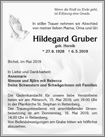 Traueranzeige von Hildegard Gruber von Allgäuer Anzeigeblatt