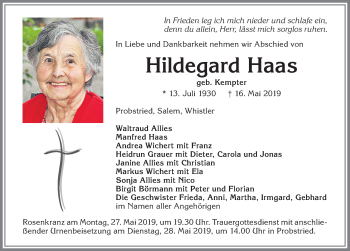 Traueranzeige von Hildegard Haas von Allgäuer Zeitung,Kempten