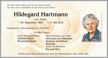 Traueranzeige von Hildegard Hartmann von Allgäuer Zeitung