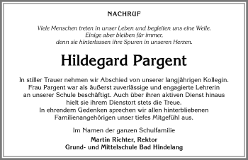 Traueranzeige von Hildegard Pargent von Allgäuer Anzeigeblatt