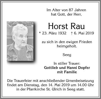 Traueranzeige von Horst Rau von Allgäuer Zeitung, Füssen