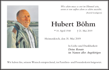 Traueranzeige von Hubert Böhm von Der Westallgäuer